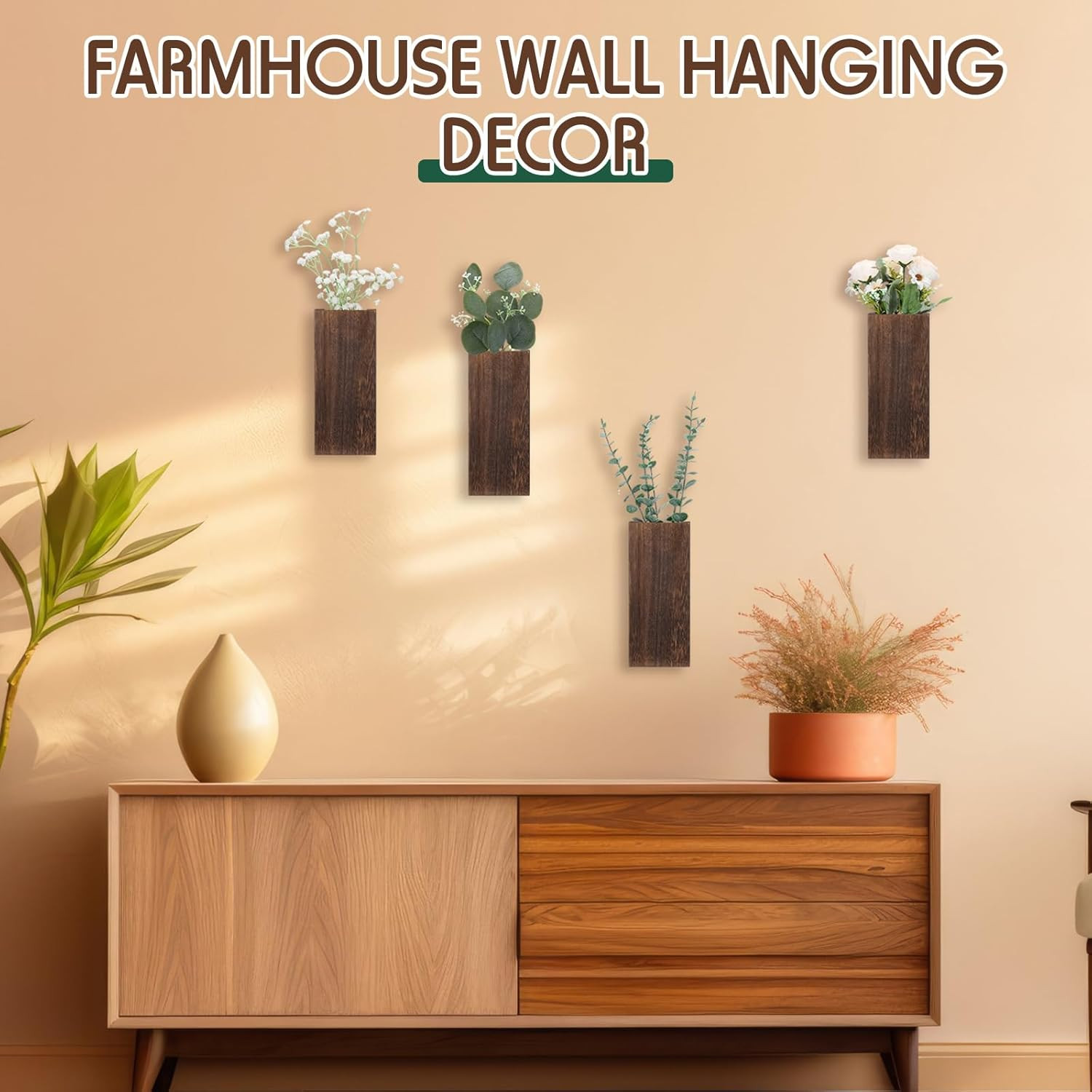 4 Pack Wood Wall Planter for Dried Flowers and Artificial Greenery Indoor Plants