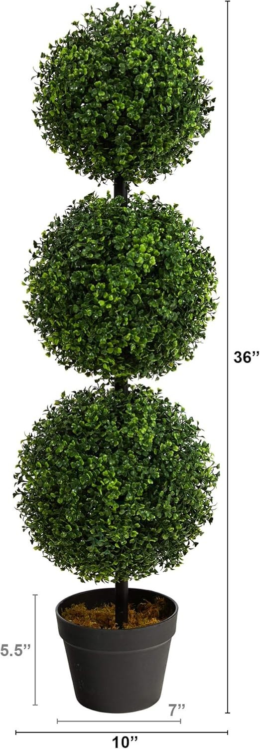 36in Artificial Triple Ball Boxwood Topiary Tree – Indoor Outdoor Realistic F…