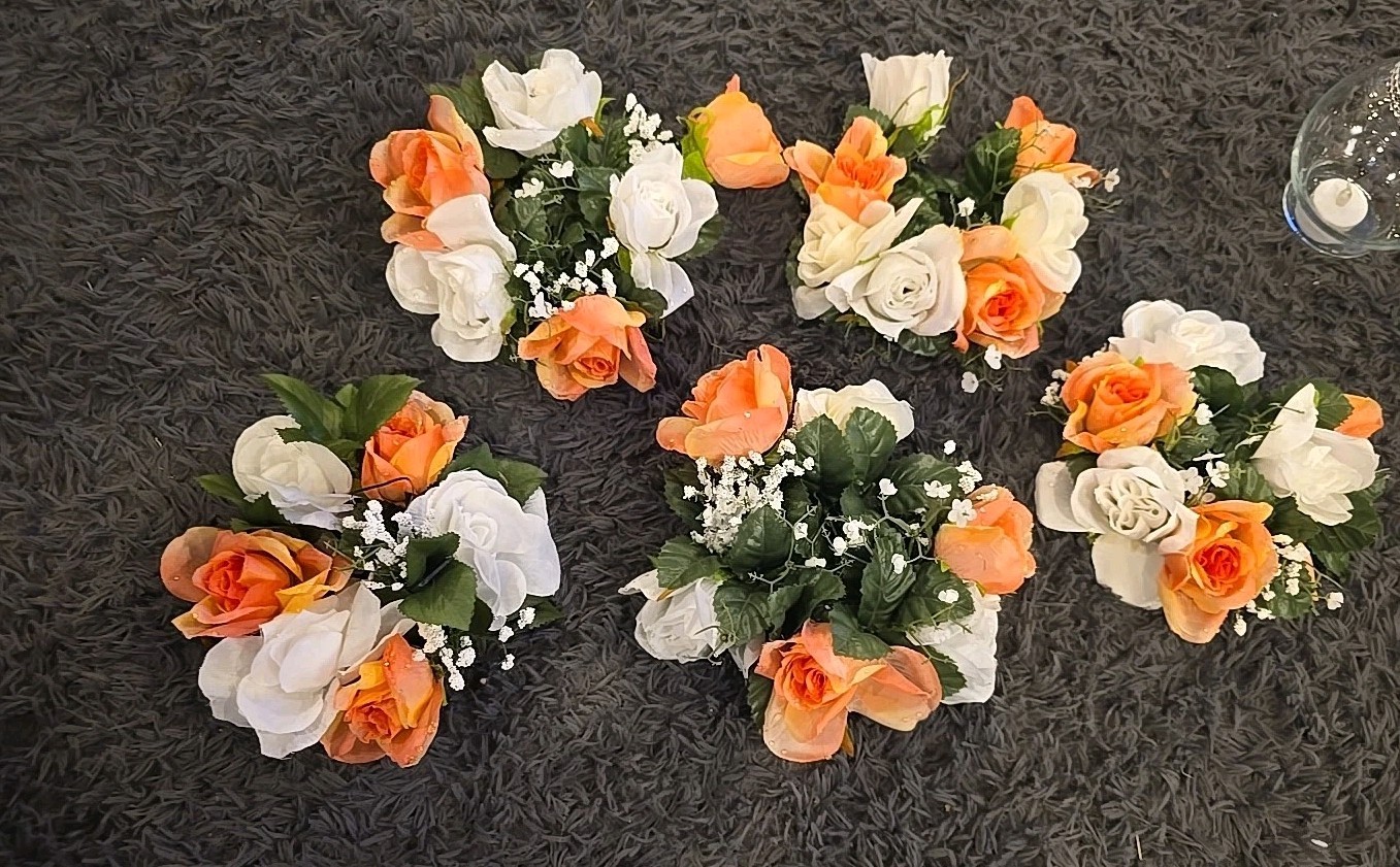 Artificial Flowers Wedding Centerpieces 5 Pc. White, Peach Roses w/Babys Breath