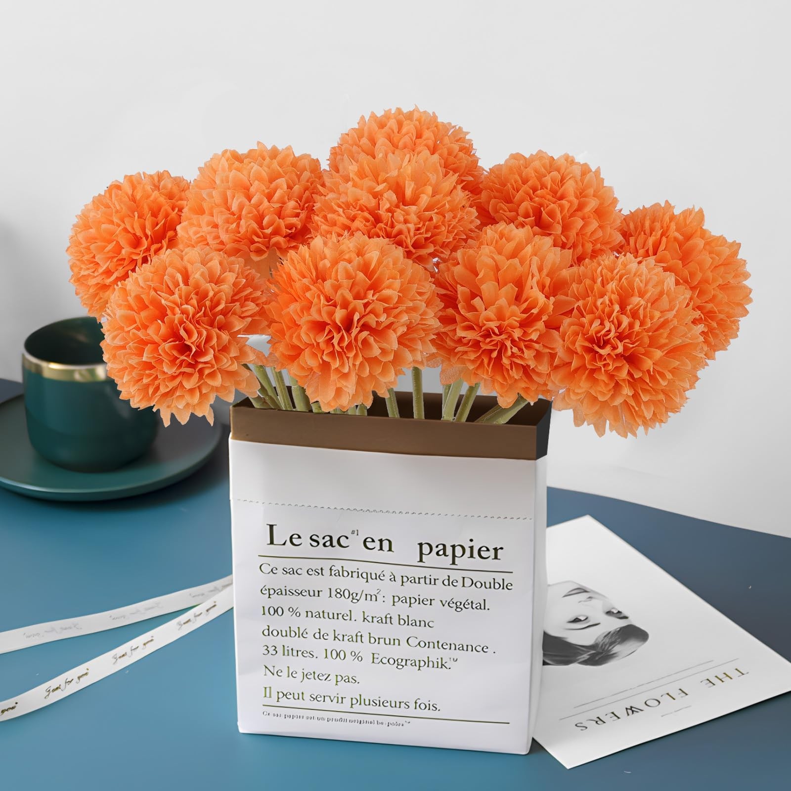 12 PCS Orange Artificial Chrysanthemums Fall Flowers Silk Marigolds Mums
