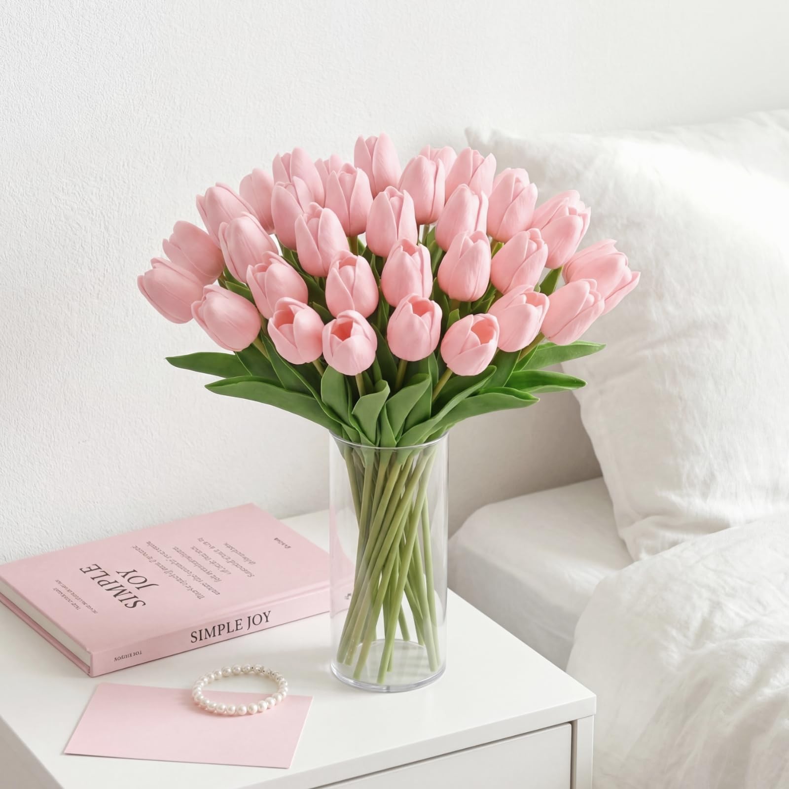30 PCS Pink Artificial Tulip With Clear Vase Faux Bouquet Floral Centerpiece