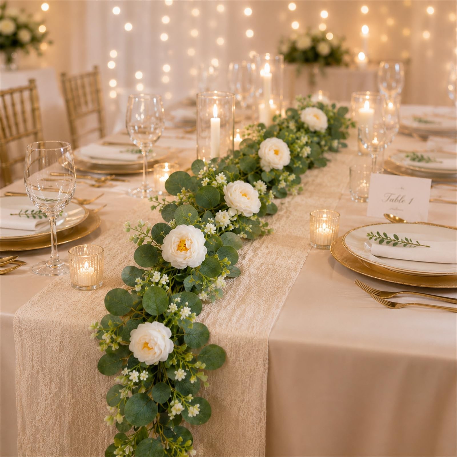 2 Pack Artificial Eucalyptus Garland with White Roses, Total 12FT Flower Gree…