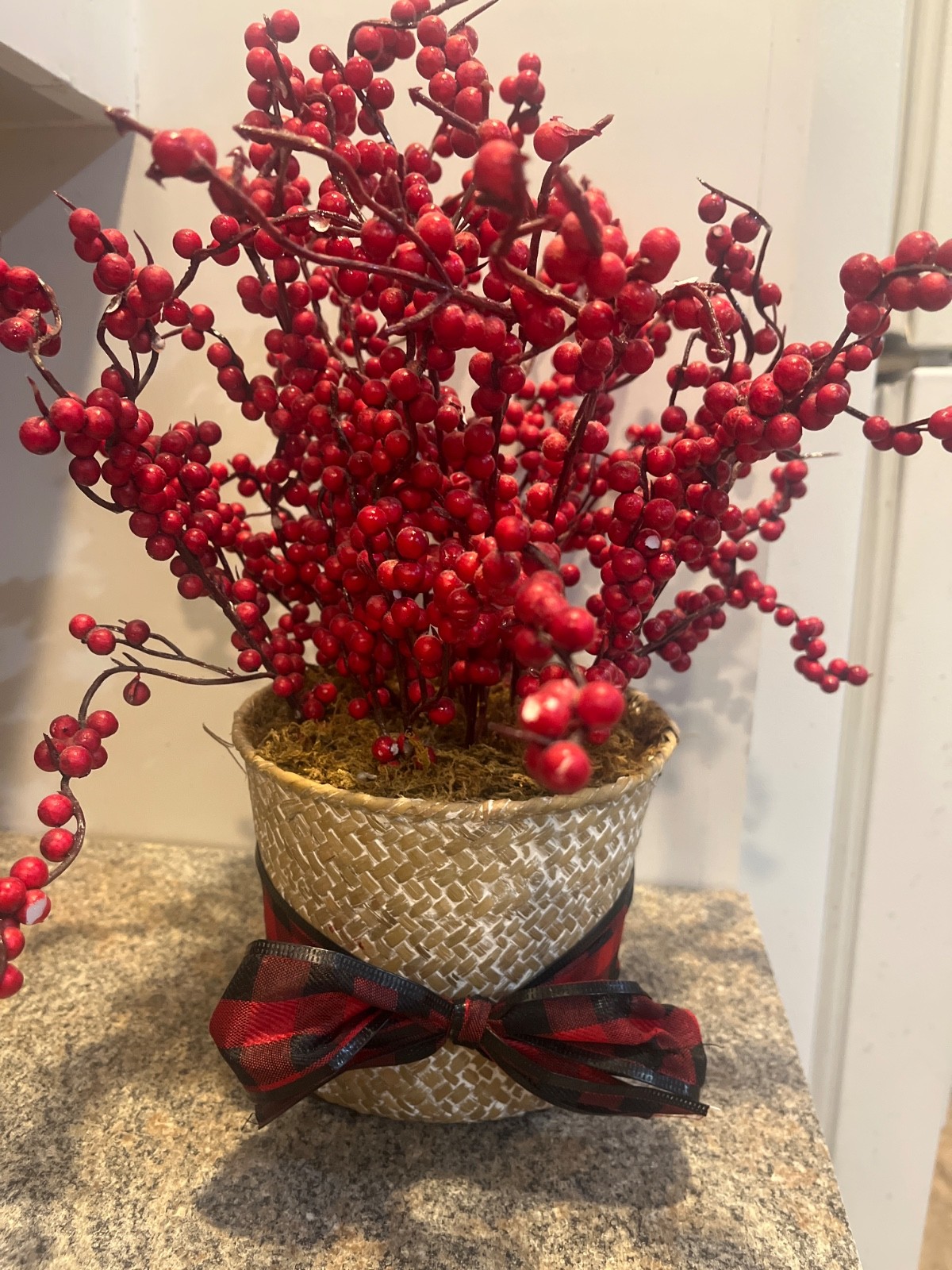 Artificial Red Berry Plant in Beige Woven Basket w/ Red/Black checkered Bow