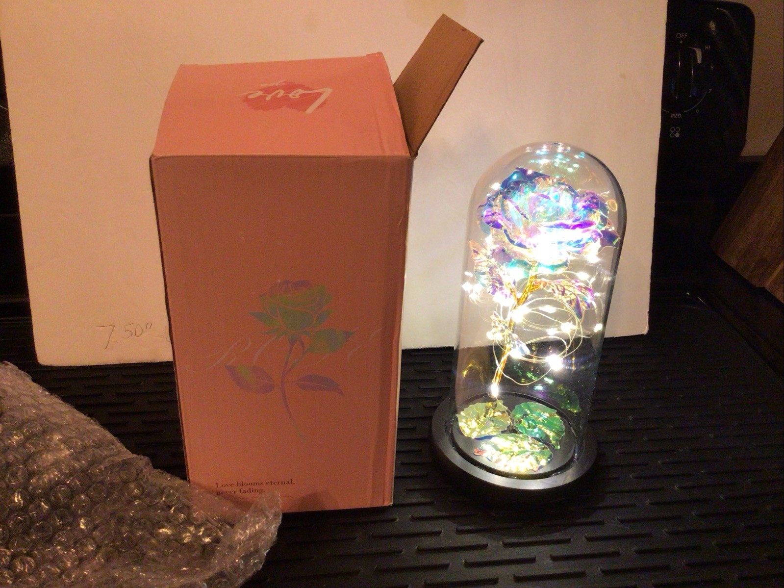 Eternal Rose Forever Artificial Flower In Glass Dome LED Light Lamp Foil Base