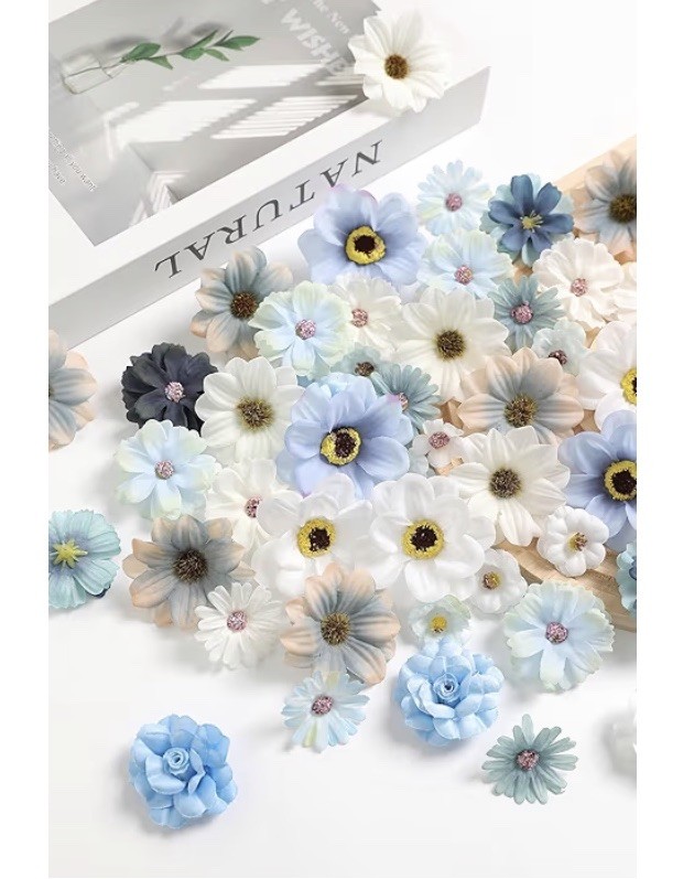 90 Pcs Mini Artificial Silk Flower Heads Blue Peony Daisy Rose Floral Appliqué