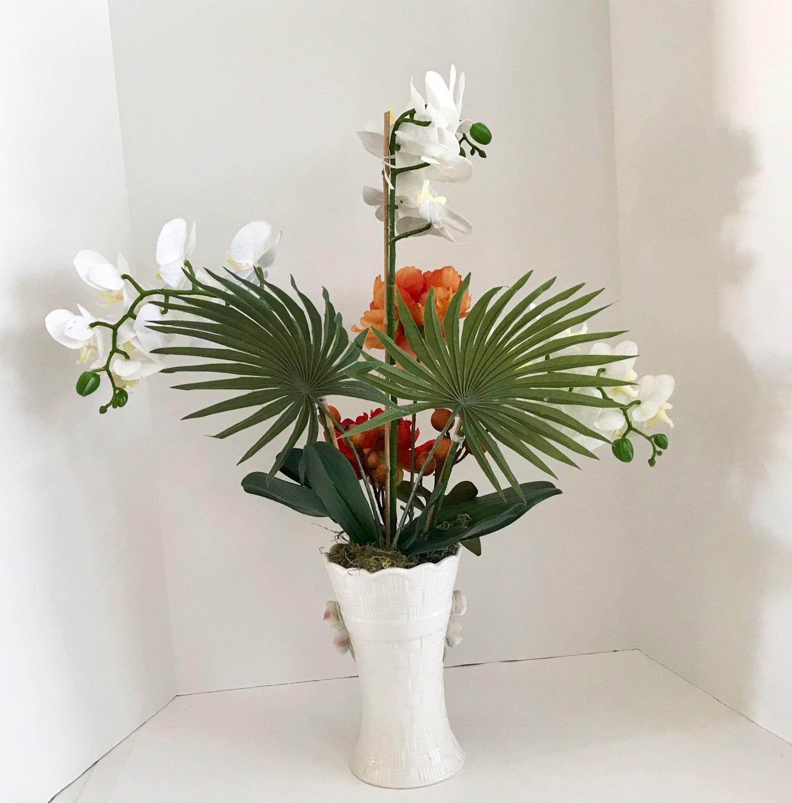Decorative White Silk Orchids and Orange Roses with Palm Branchs Green Foliage