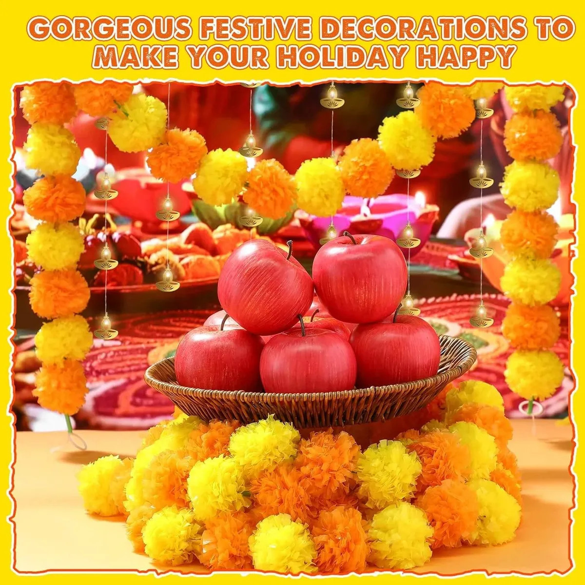 10 Pcs Diwali Decoration Set 5ft Artificial Marigold Garland 6.56ft String Light
