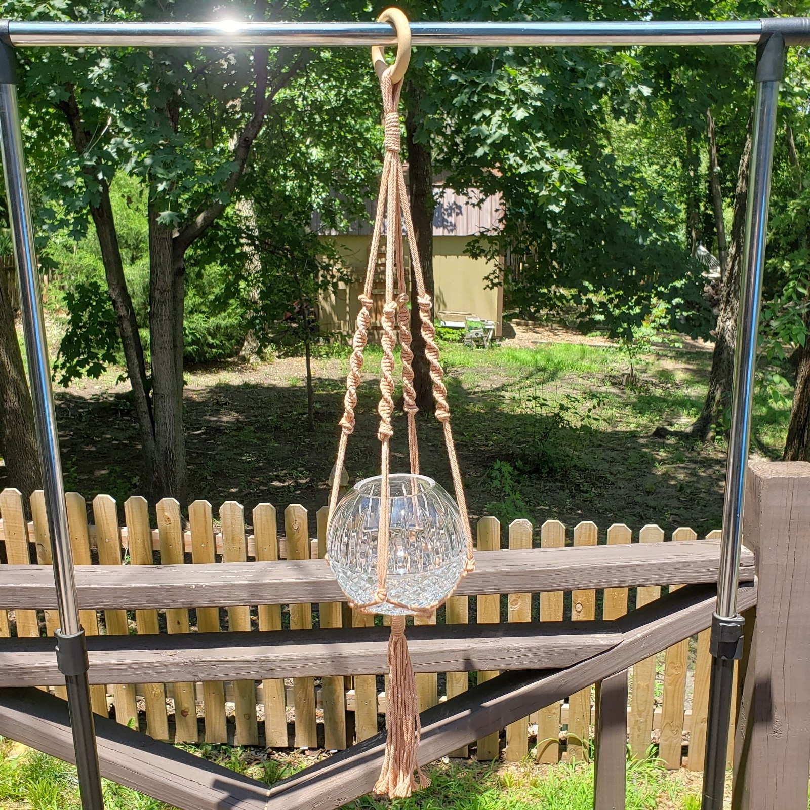 MCM Bohemian Clear Cut Crystal Rose Bowl & Brown Macrame Plant Hanger SET
