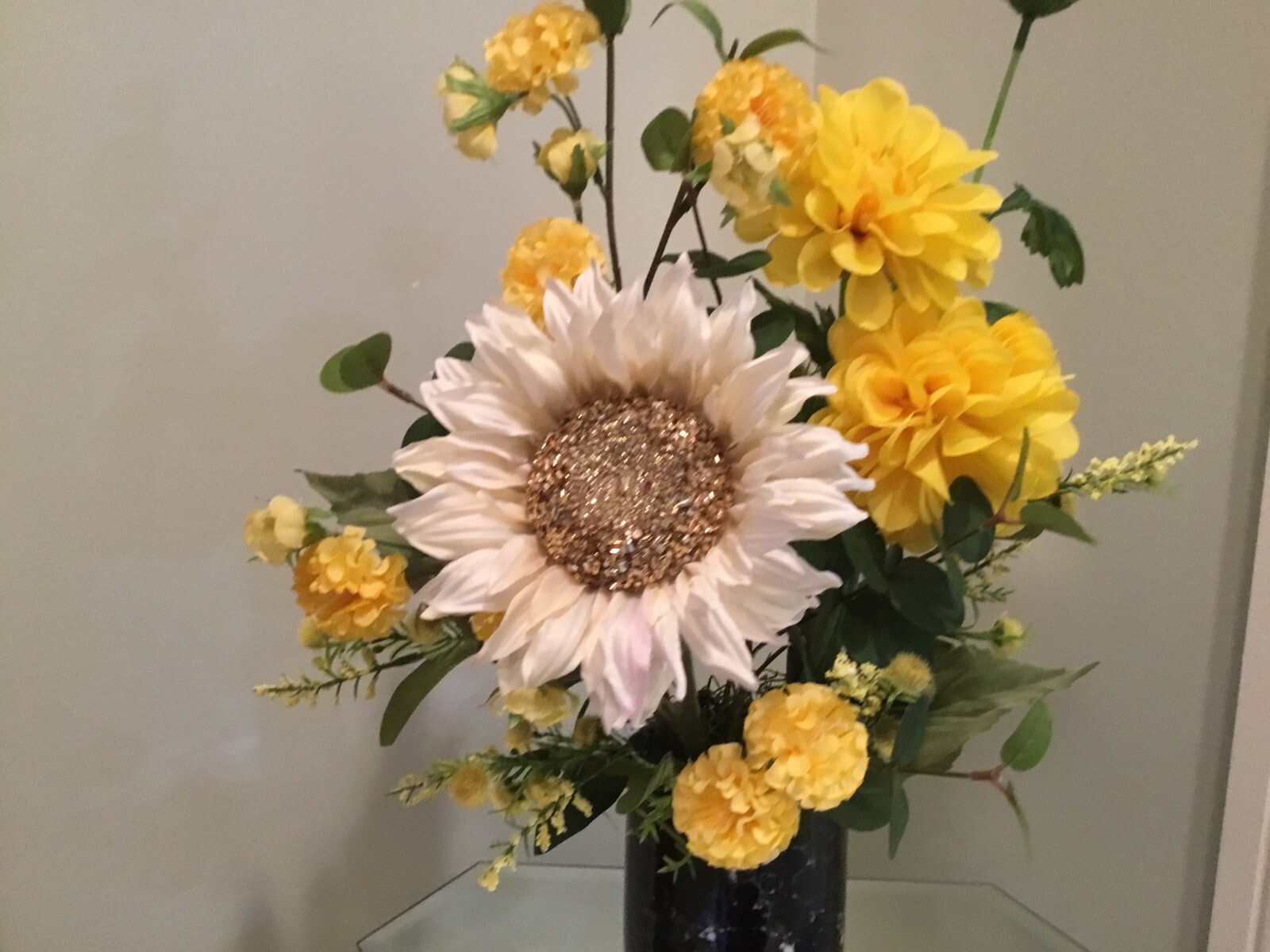 New Handmade Floral arrangement in vase Yellow and White Sunflower