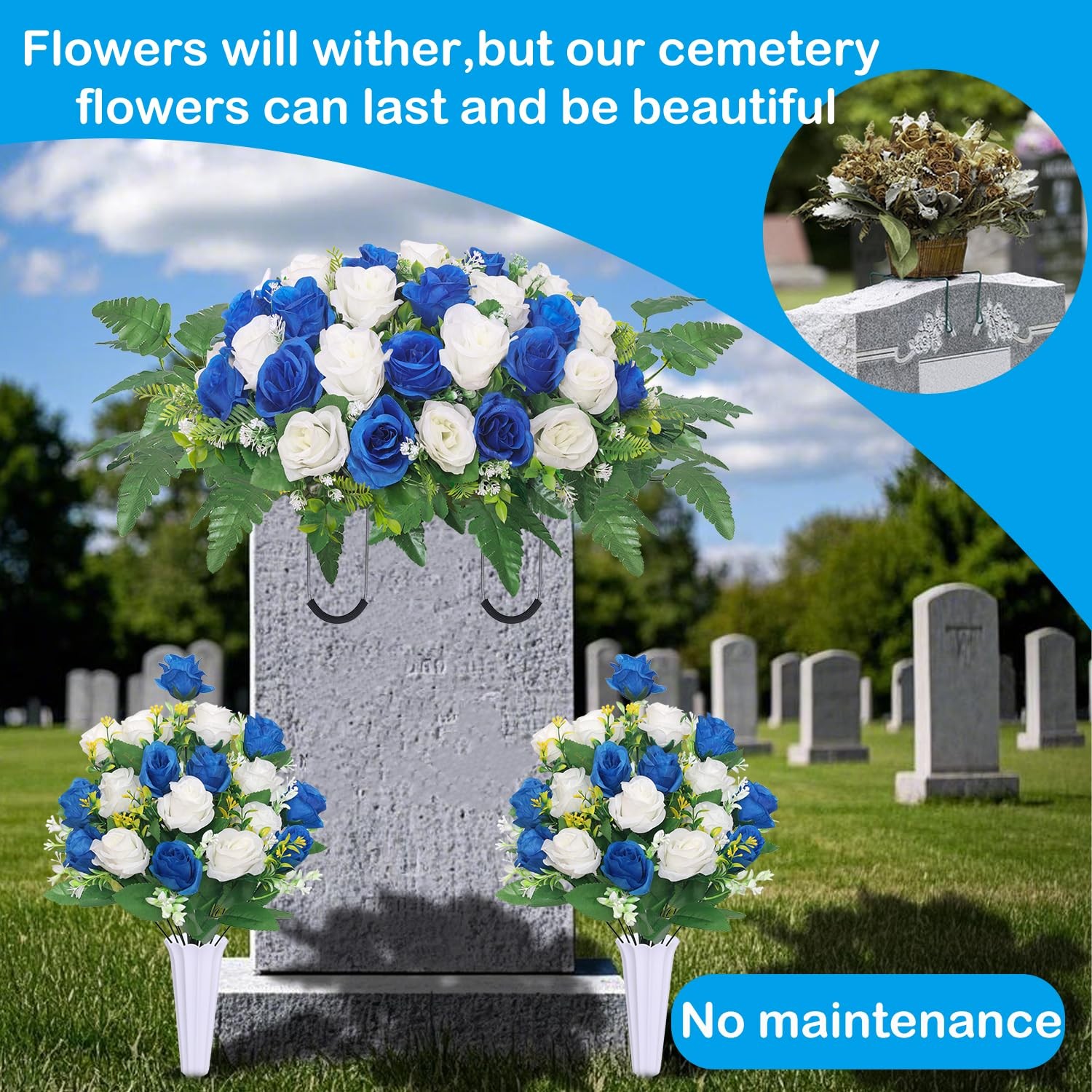 Hibsotco Artificial Cemetery Flower Saddles, Cemetery Memorial Flowers with V…