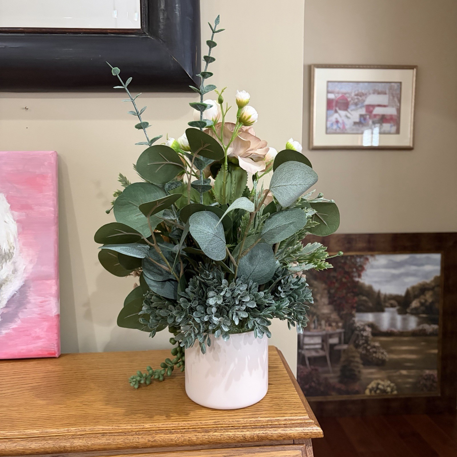 Handmade Flower Arrangement Beige+Greenery Centerpiece