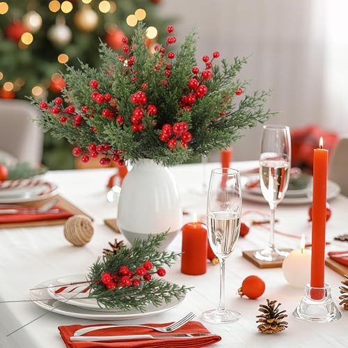 Artificial Christmas Pine Branches with Red Berry Stems-Set of 45 Greenery
