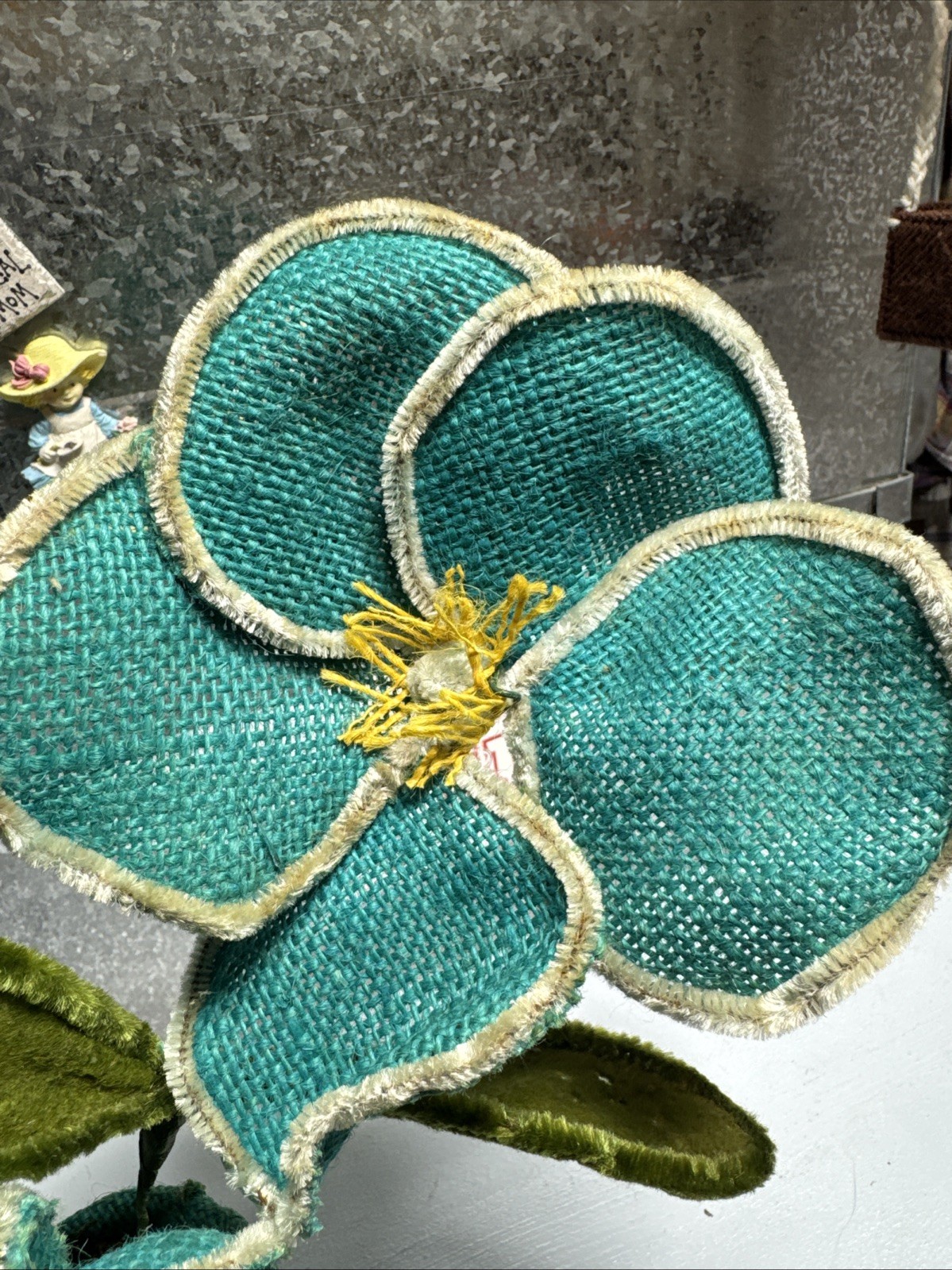 VTG 80s Art Decor Artificial Magnolia Flower W/ Yarn Pot Flex Stem 8” Distressed