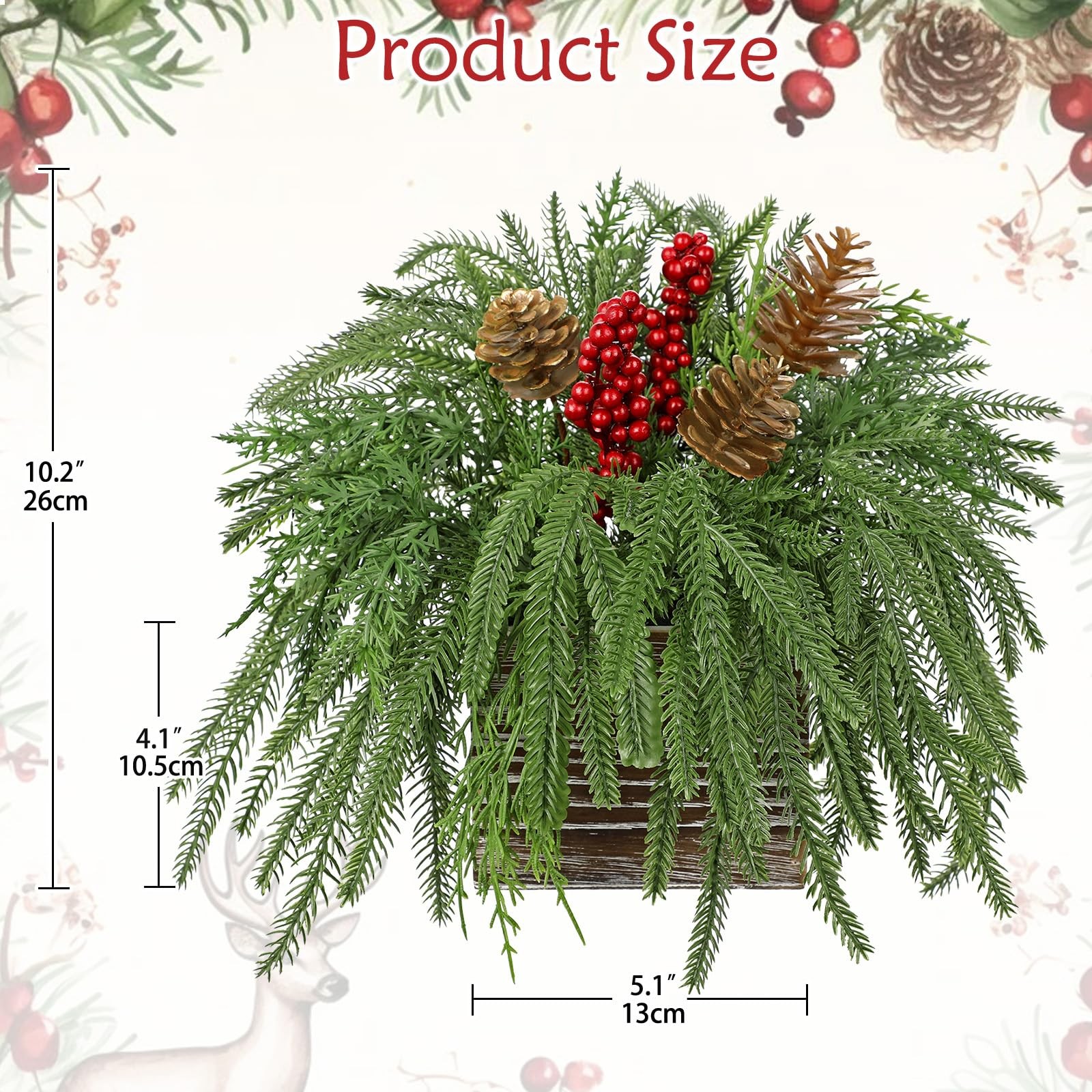 10 Inch Artificial Christmas Norfolk Pine Red Berries Pinecones Wooden Box Faux