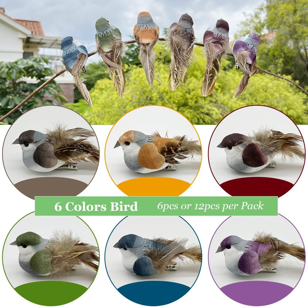 6Pcs 3.9-Inch Fake Birds Sparrow Foam Feather Artificial Birds Realistic Clip on