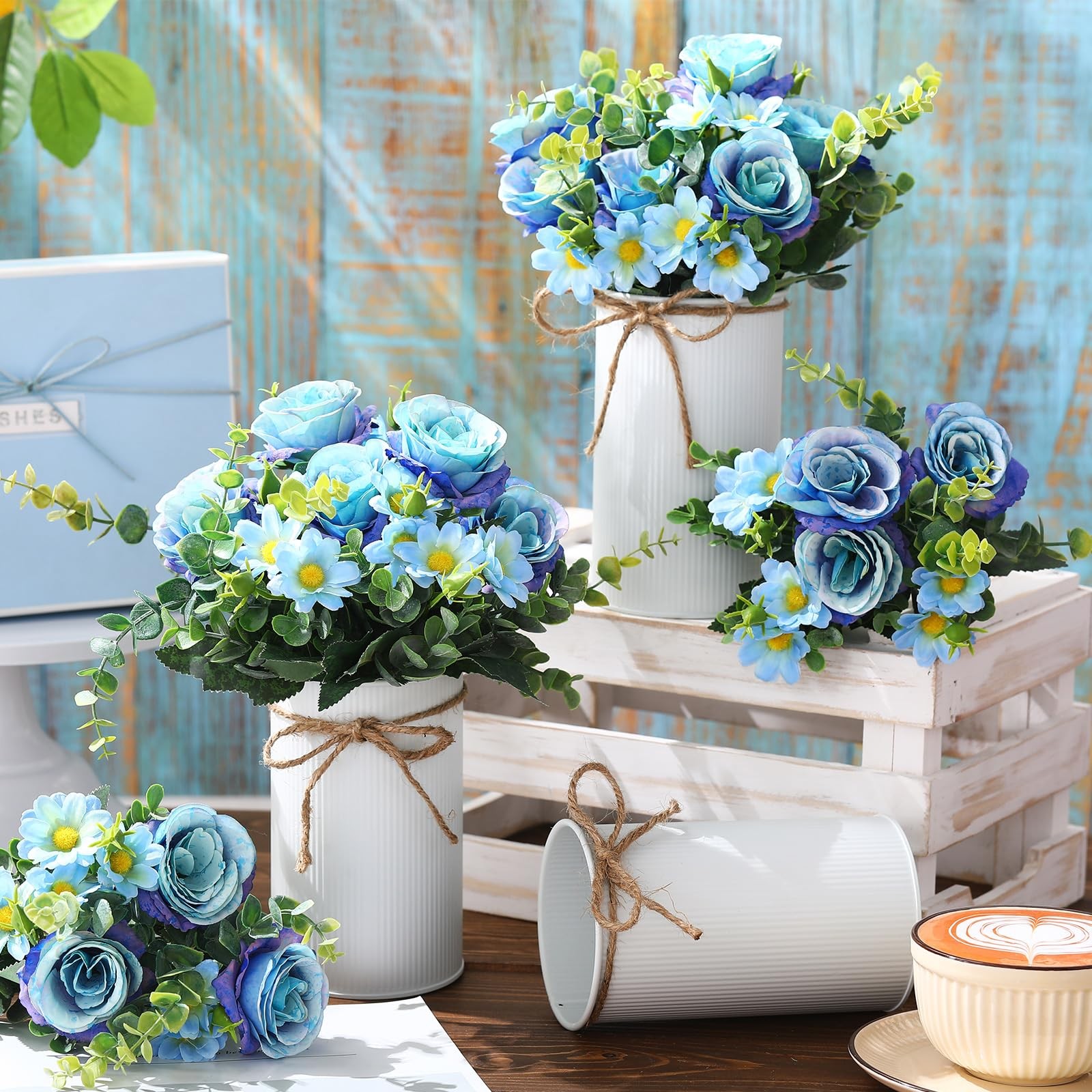 6 PCS Wedding Centerpiece Table Decor Blue Artificial Rose Flower Metal Vase