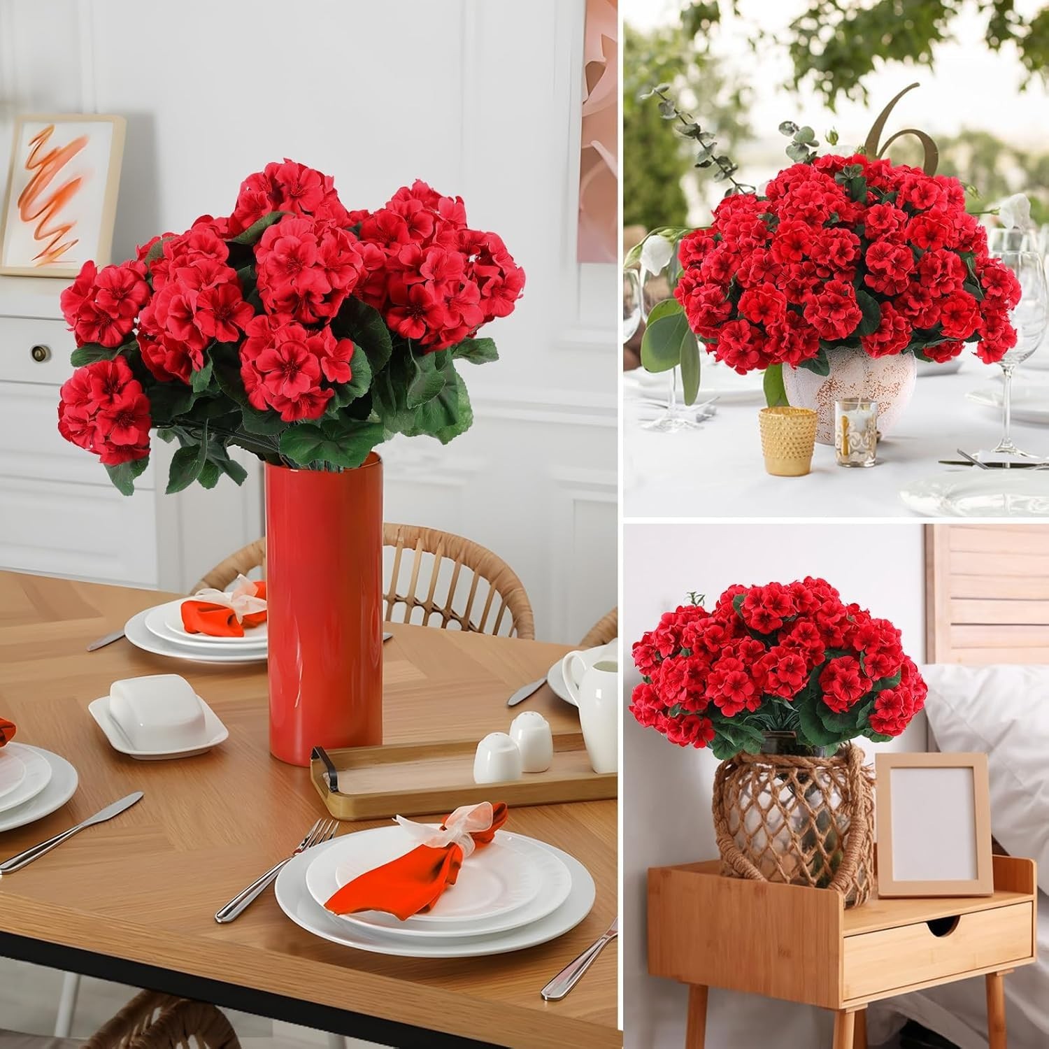 Maintenance-Free 6 Pcs Red Silk Geraniums – Perfect for Christmas & Garden Decor