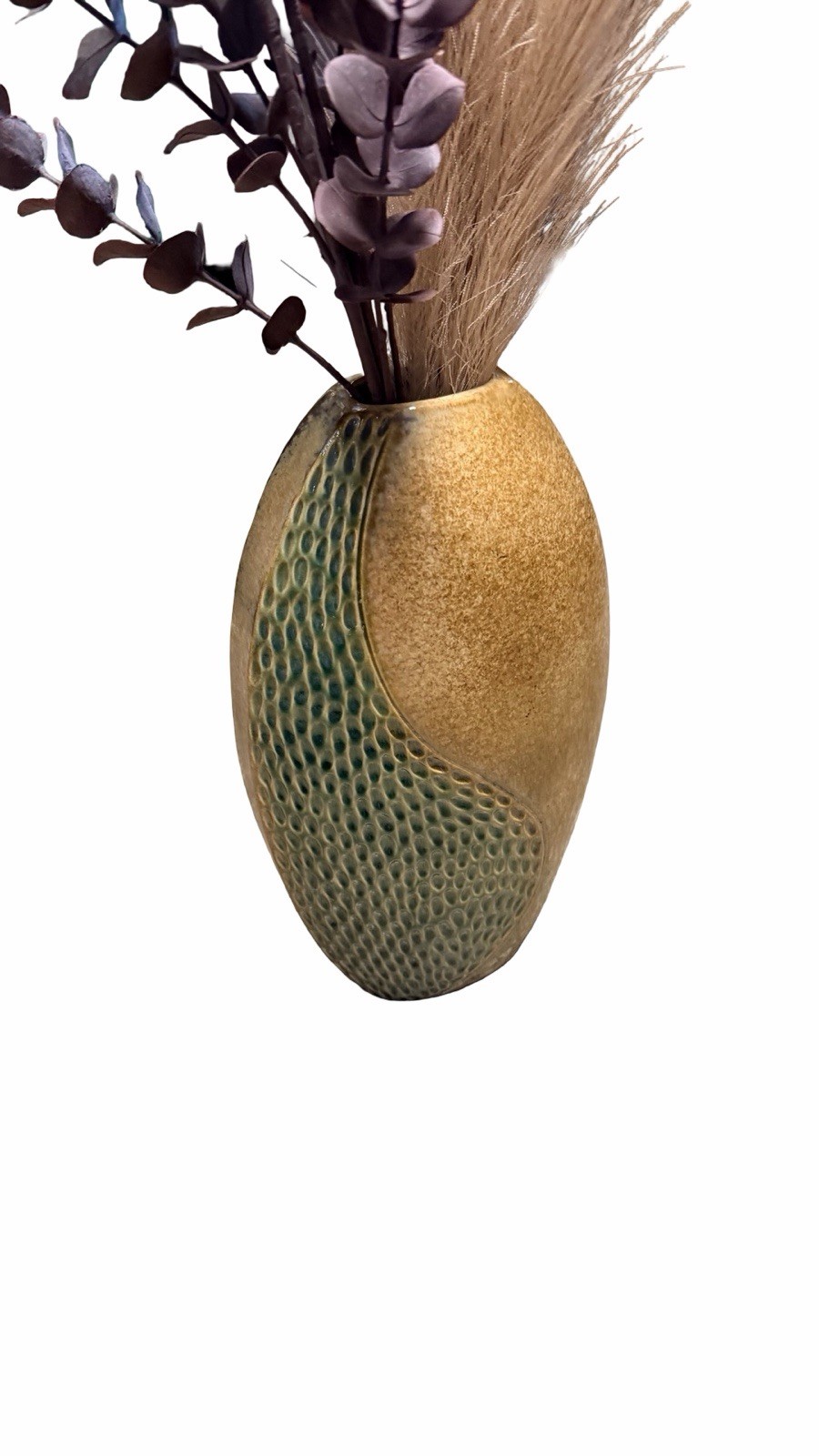 Modern Textured Ceramic Vase w Faux Pampas Eucalyptus Floral Arrangement