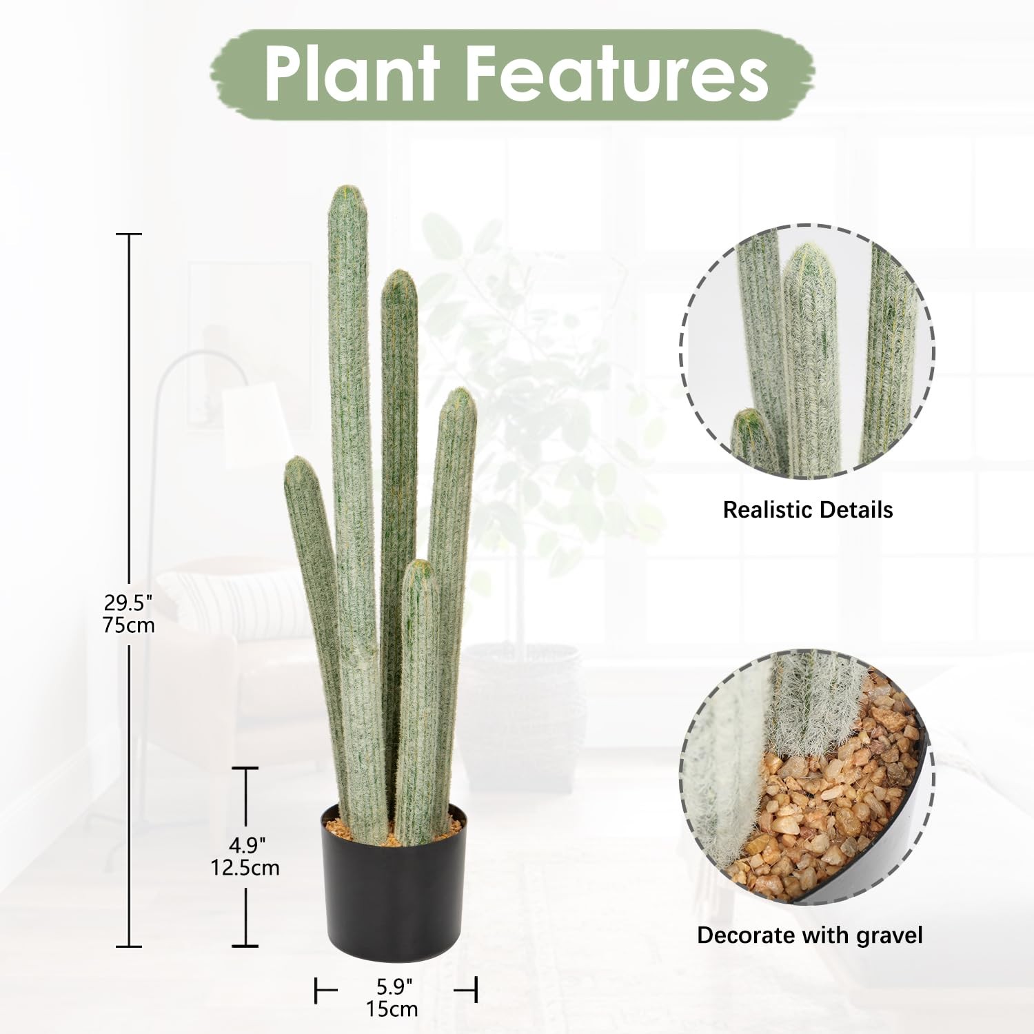 29.5” Tall Fake Cactus Plant Potted Large Cactus ‘Old Man Cactus’ Big Cacti P…