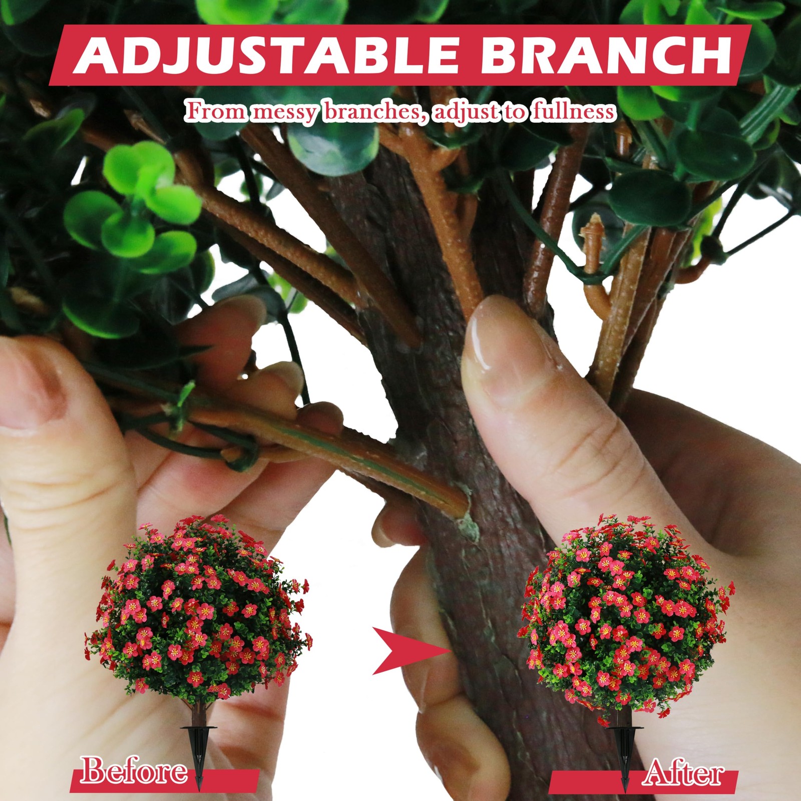 Sunnyglade Set of 2 Artificial Boxwood Topiary Ball Trees with Red Flower, Fa…