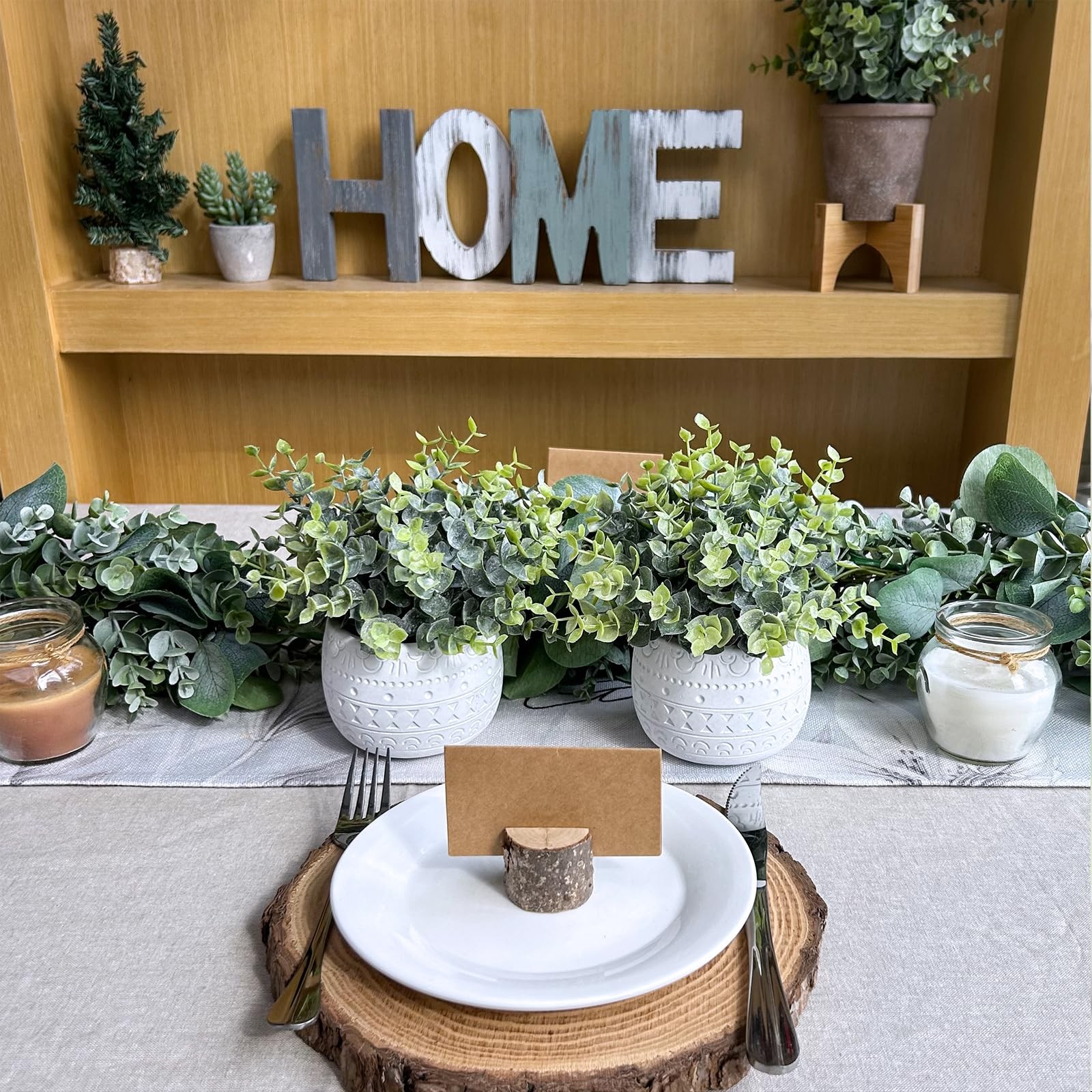 Set of 2 Small Artificial Potted Plants Faux Eucalyptus Plant in White Geomet…