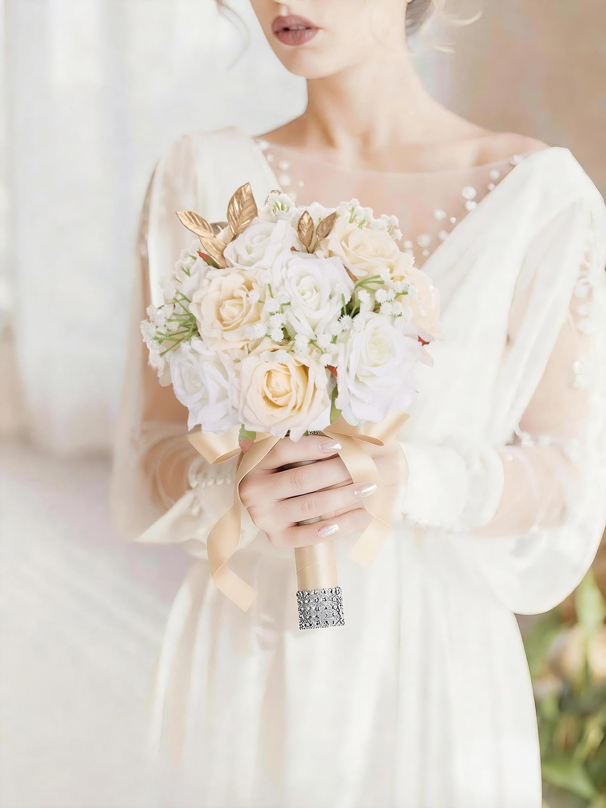 Wedding Bouquets for Bride & Bridesmaid, 9 Inch Artificial Rose Bridal Bouque…