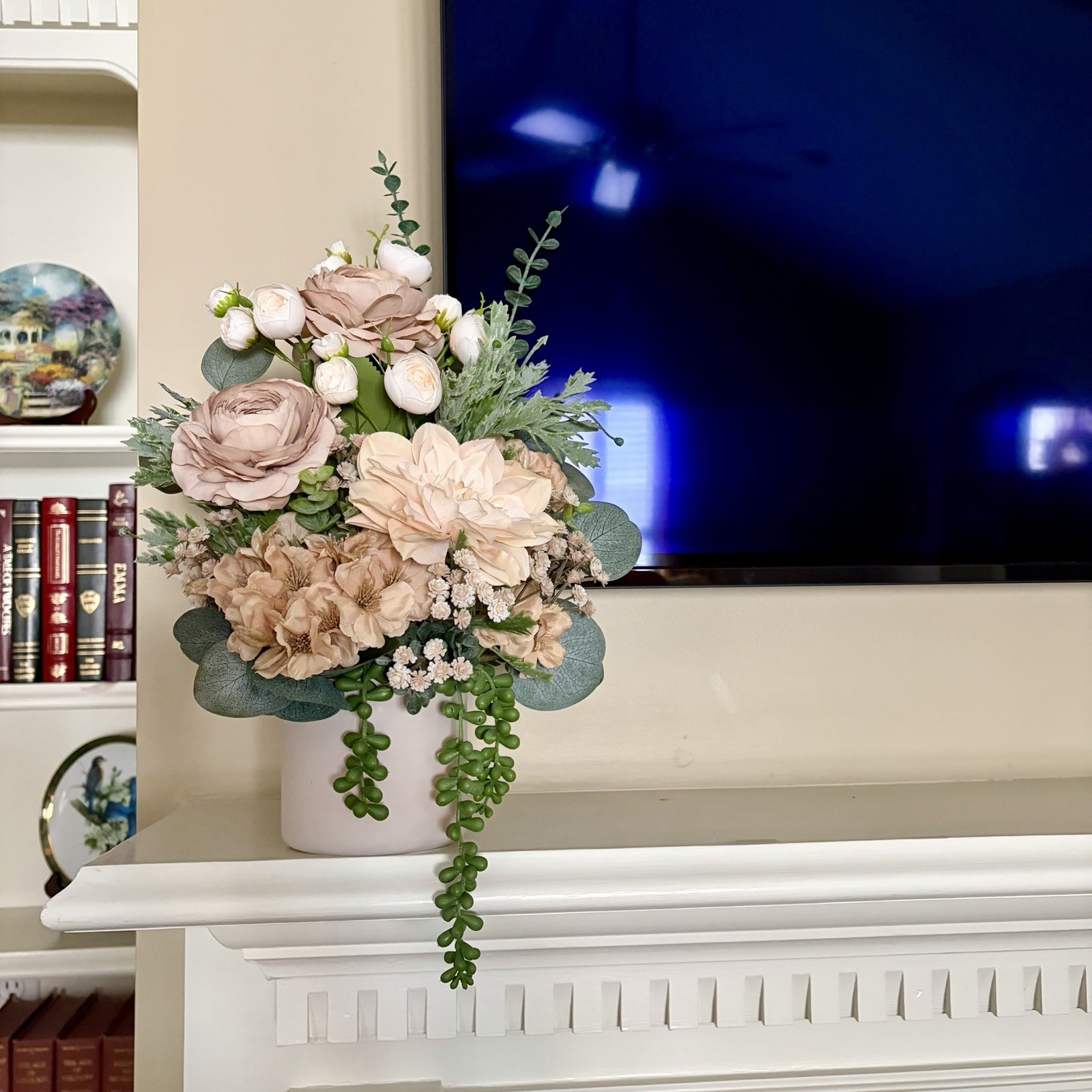 Handmade Flower Arrangement Beige+Greenery Centerpiece