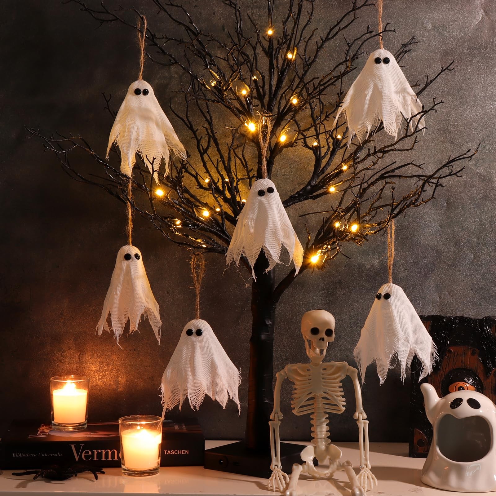 Halloween Decor Black Tree: 27″ Spooky Lighted Artificial Tree with 6pcs Cute…