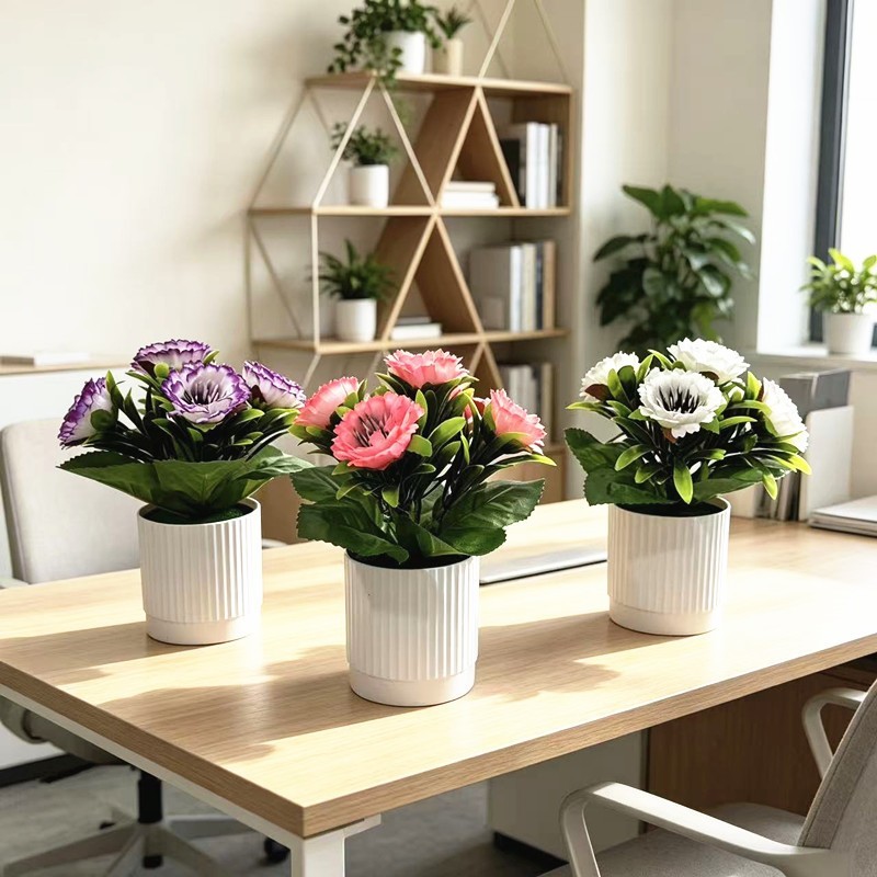 For Home Decor Faux Peony Daisy in Slim Ribbed White Pot for Small Area Styling