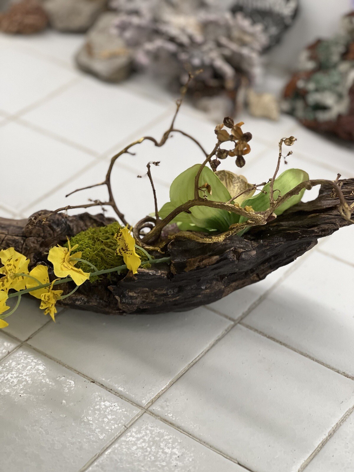 ONE OF A KIND FLORAL ARRANGEMENT REAL WOOD BASE ORCHIDS BITTERSWEET MOSSES