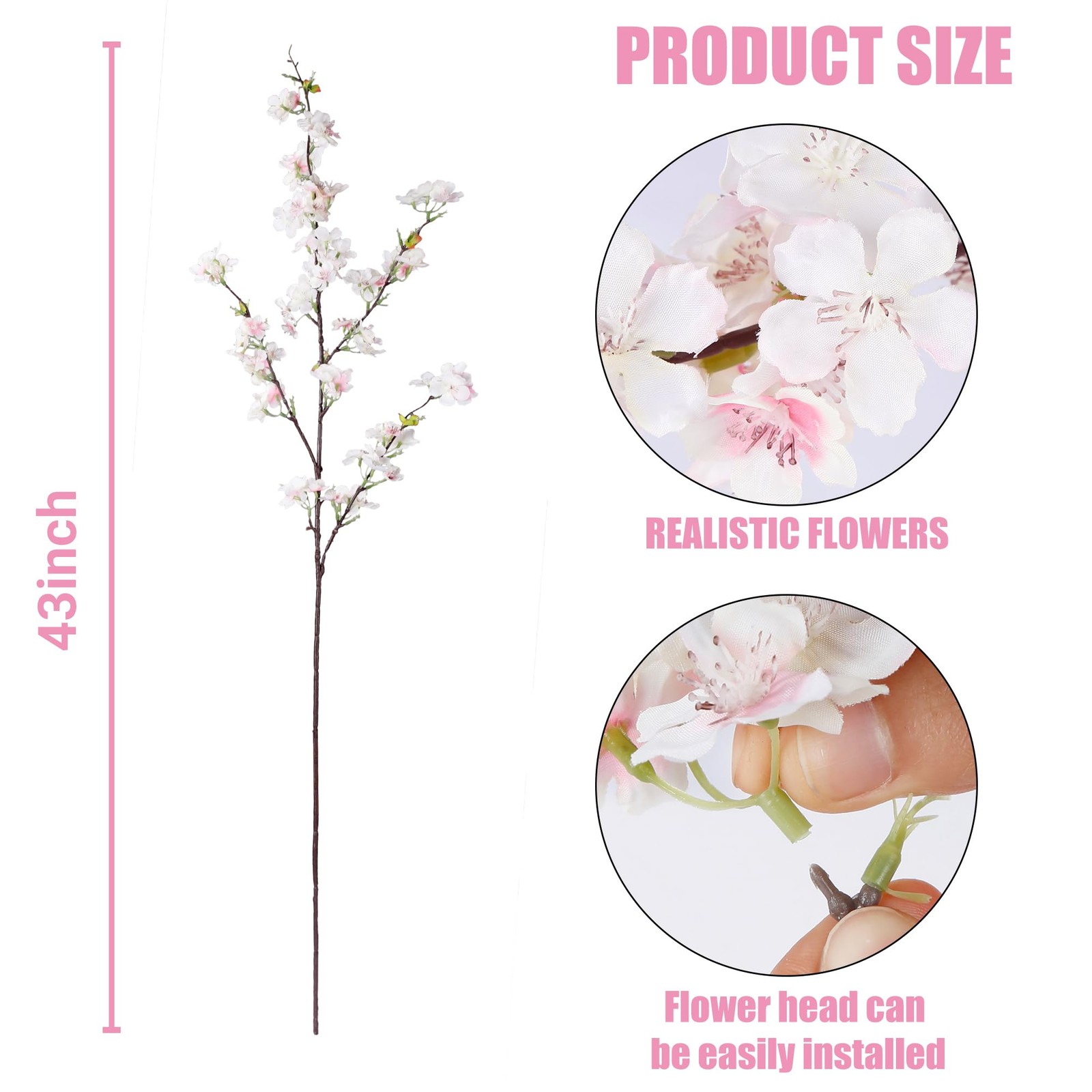 Artificial Cherry Blossom Stems 43 Inch Faux Silk Flowers Light Pink Vase Decor