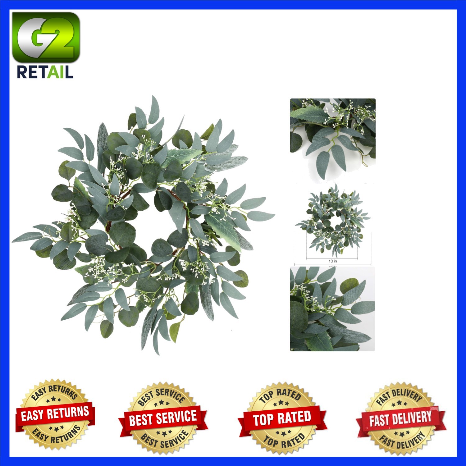 Elegant 15-Inch Faux Eucalyptus Wreath with White Blooms for Indoors & Outdoors
