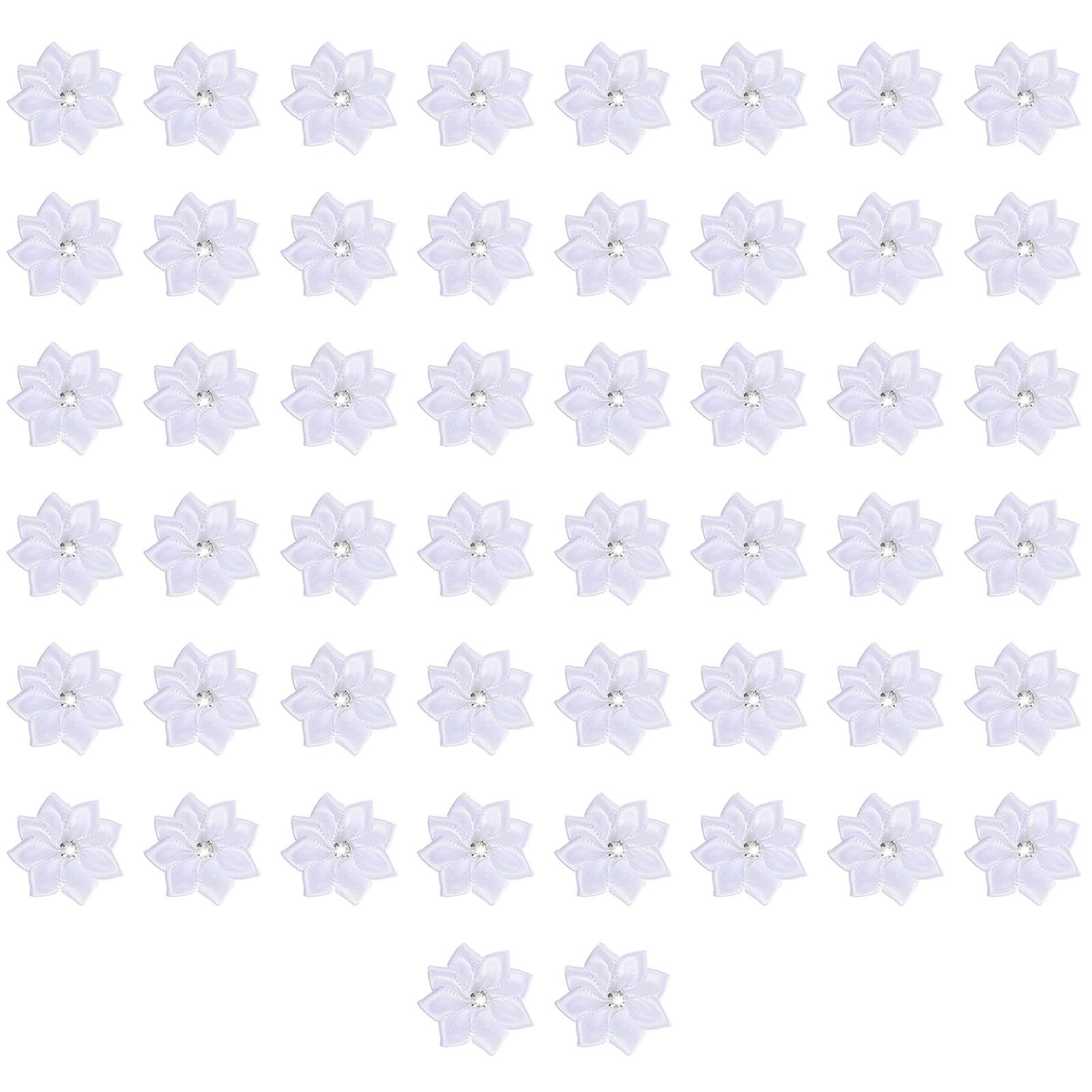 50 PCS White Satin Ribbon Flowers 1 Inch Small Rhinestone Center Applique