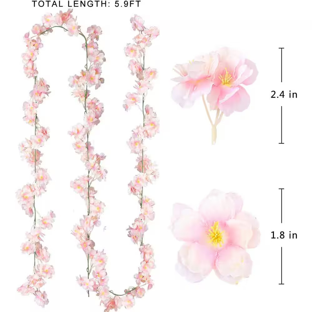 5 In. Pink Artificial Cherry Blossom Flower with Hanging Silk Garland for Home,