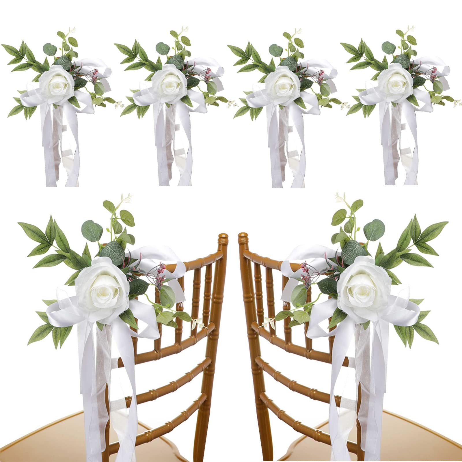 FQQWEE 6Pcs Wedding Aisle Chair Decorations White Rose Floral Wedding Chair B…