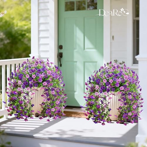 Artificial Fake Flowers for Outdoors,2PCS Faux Hanging Purple Deep Purple