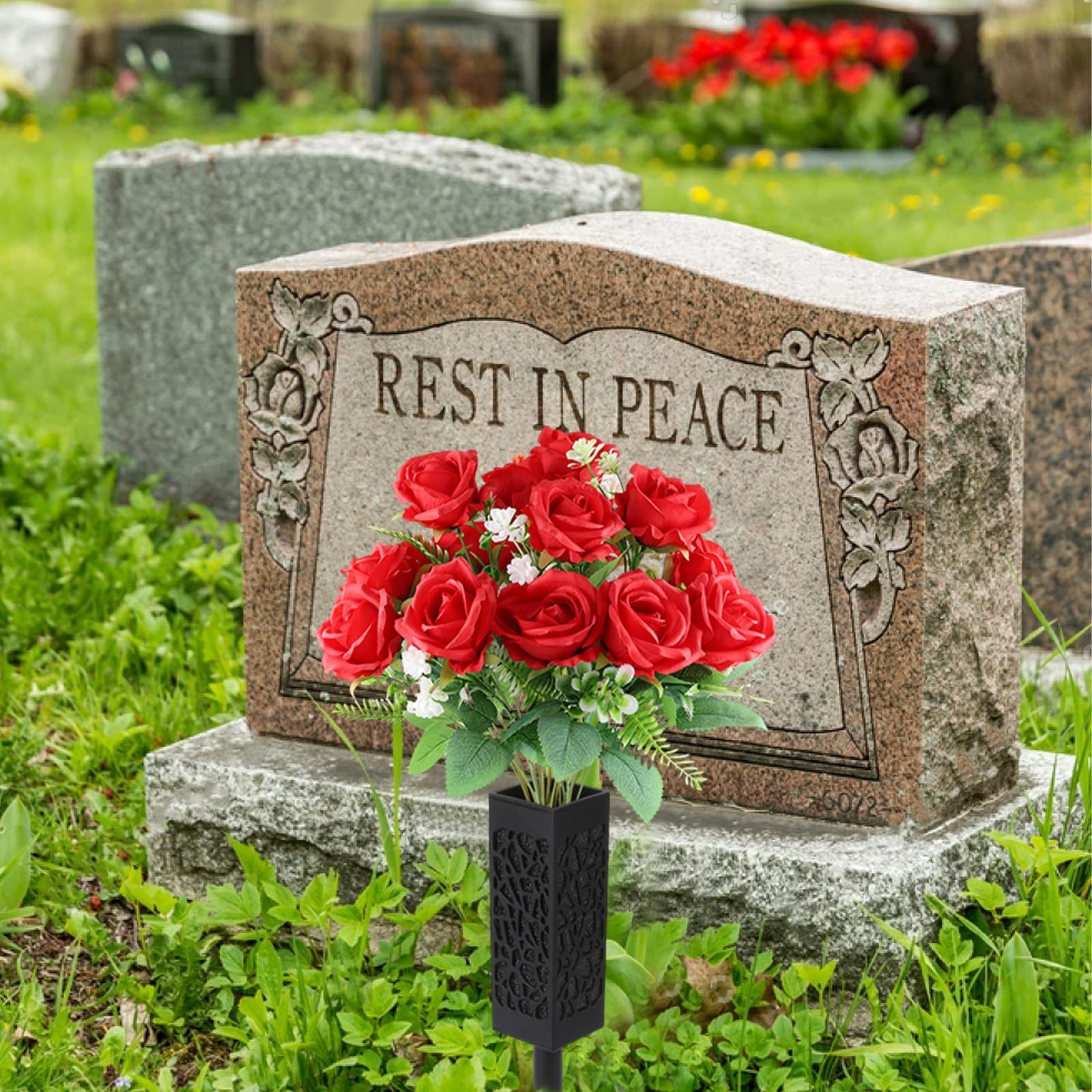2 Pcs Red Silk Memorial Artificial Rose Flowers Cemetery Grave Vase Headstone