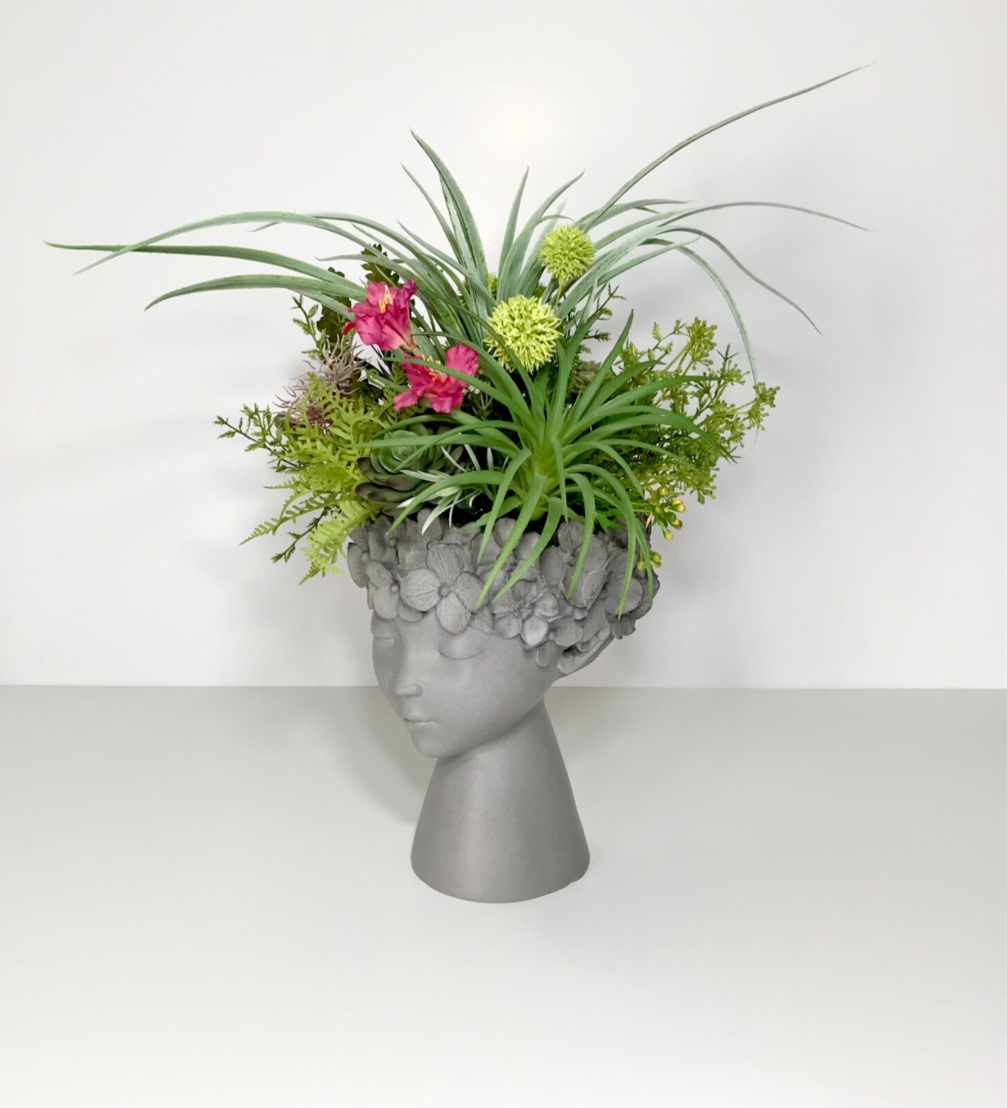 FAIRY GODDESS HEAD VASE FAUX BLOOMING CACTUS SUCCULENTS ARRANGEMENT GIFT NEW