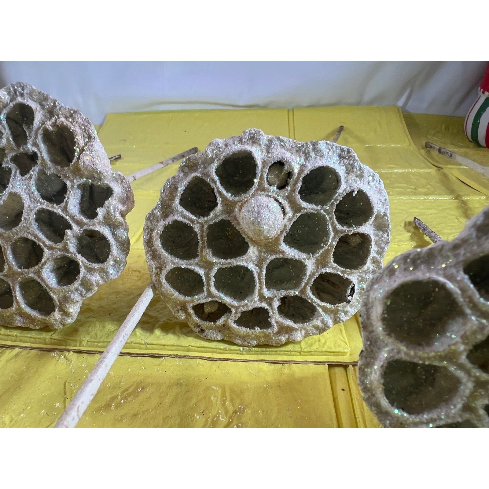 Vintage Lotus Seed Pod Floral Picks Christmas Holiday White Silver Set