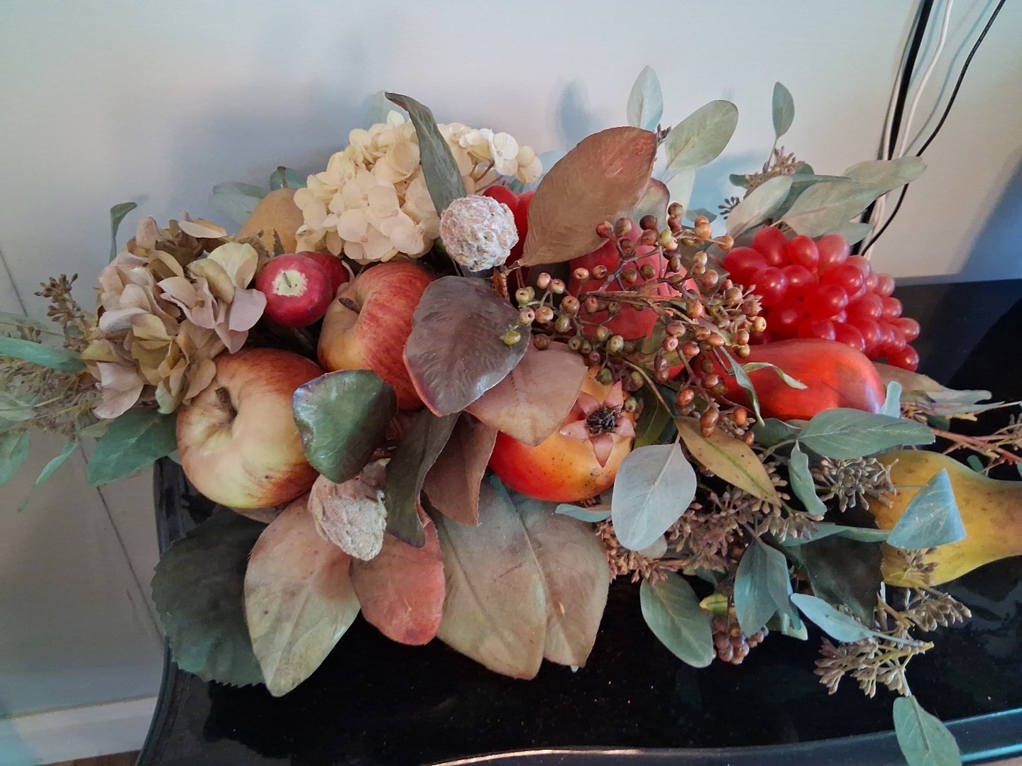 Large Vintage Faux Fruits and Flowers Centerpiece In Basket, Victorian Style