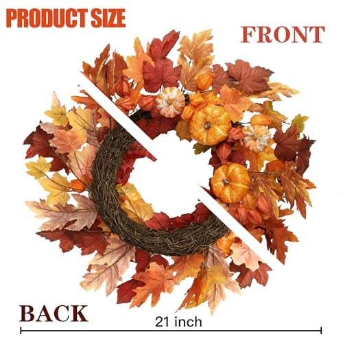 Autumn Wreath 21″ – Artificial Fall Decor with Pumpkins, Maple Leaves & Lanterns