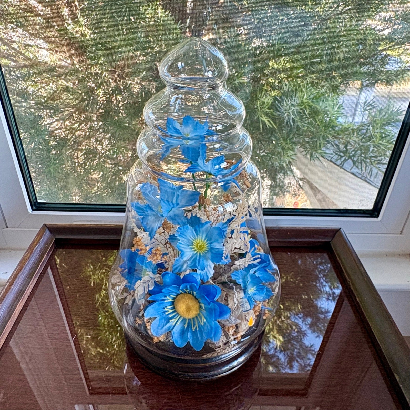 Vintage Glass Bell Jar Dome with Blue Floral Arrangement on Wood Base