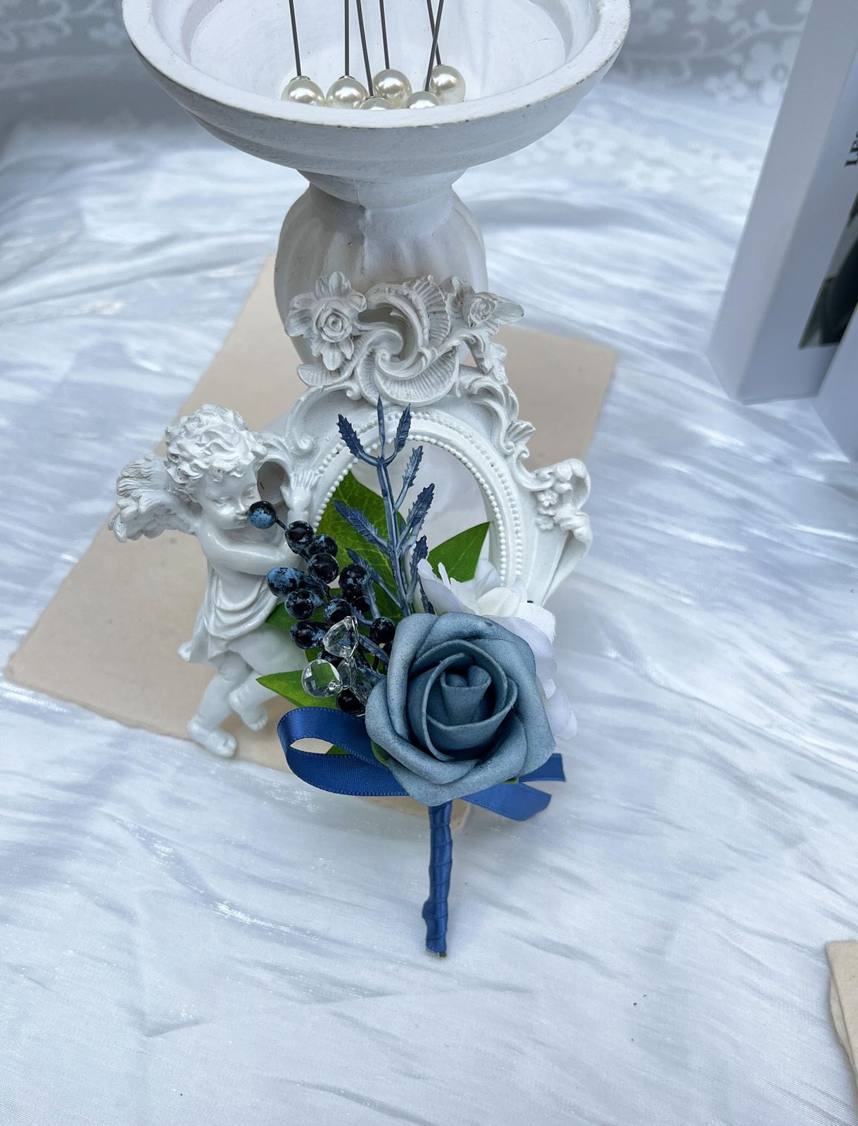 6 PCS Dusty Blue Boutonniere Men Pins Artificial Foam Rose Wedding Prom Decor