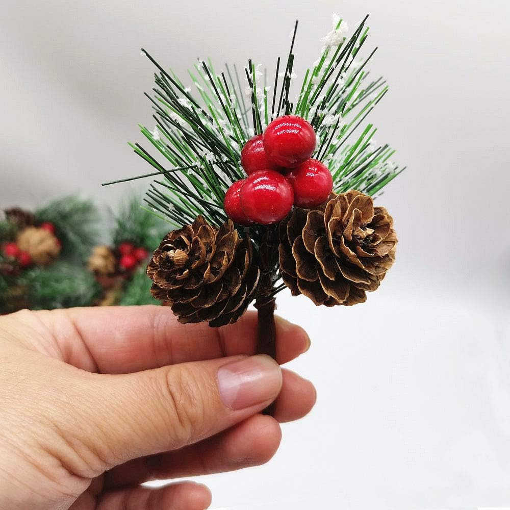 20 PCS Snow Covered Pine Needles Branches with Red Berry Stems Mini Pinecone Pic