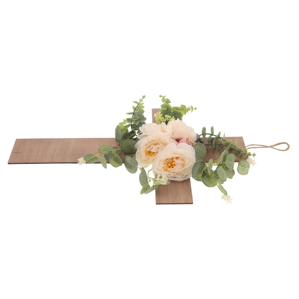 Decorative Wood Cross Wall Hanging with Beige Artificial Flowers Matte Finish
