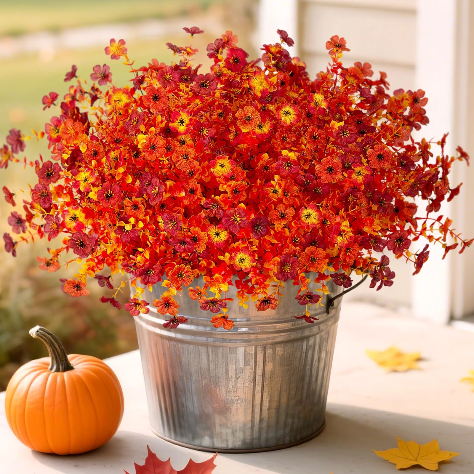 INXUGAO Artificial Mums Fall Flowers UV Resistant 9.7×9.7×13.7in B-red