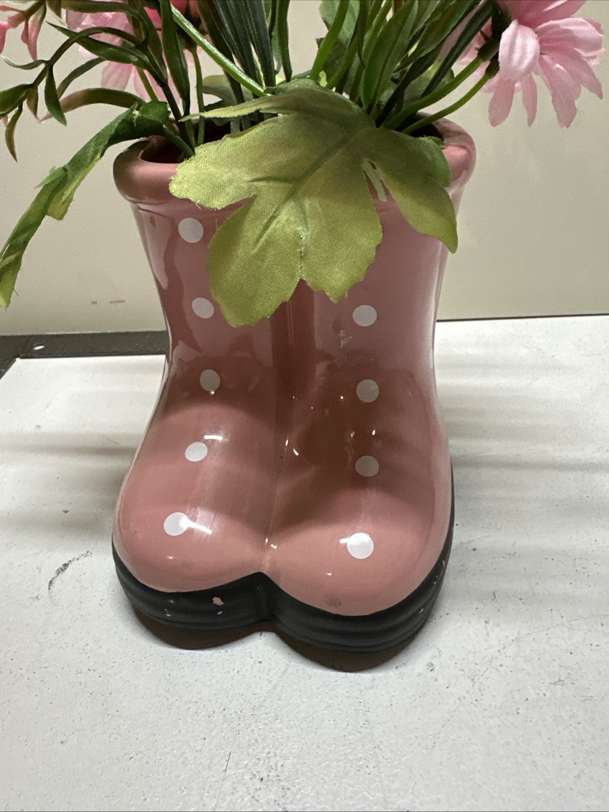 Ceramic Rain Boots In Pink Polk A Dot With Spring Flowers Decor For Springtime