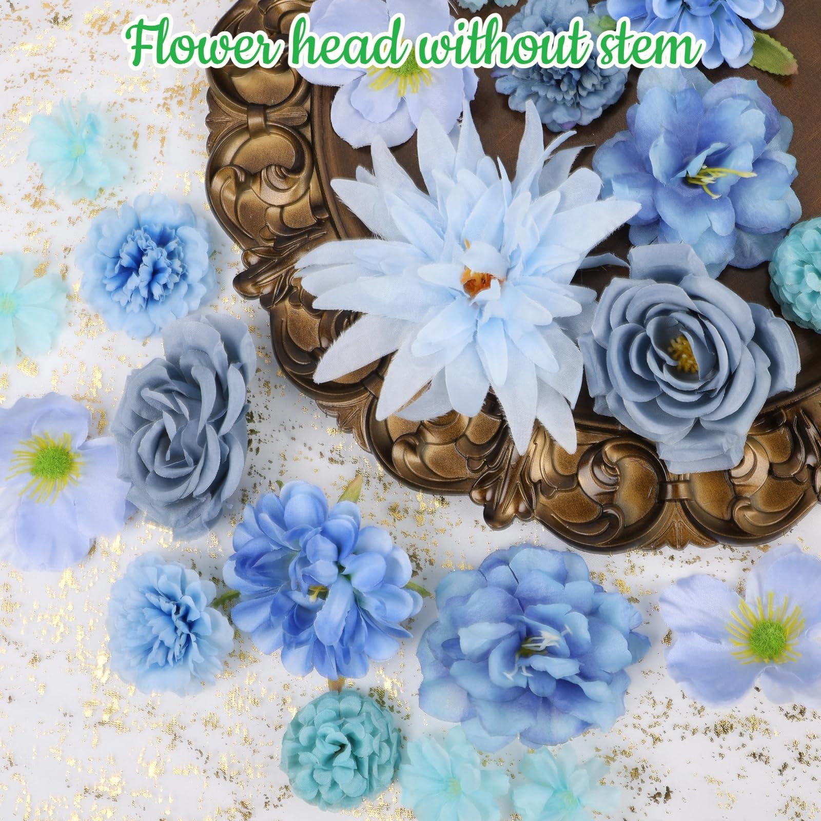56 PCS Faux Flower Heads Combo Blue Silk Flowers Mix Peony Rose Hydrangea Fak…