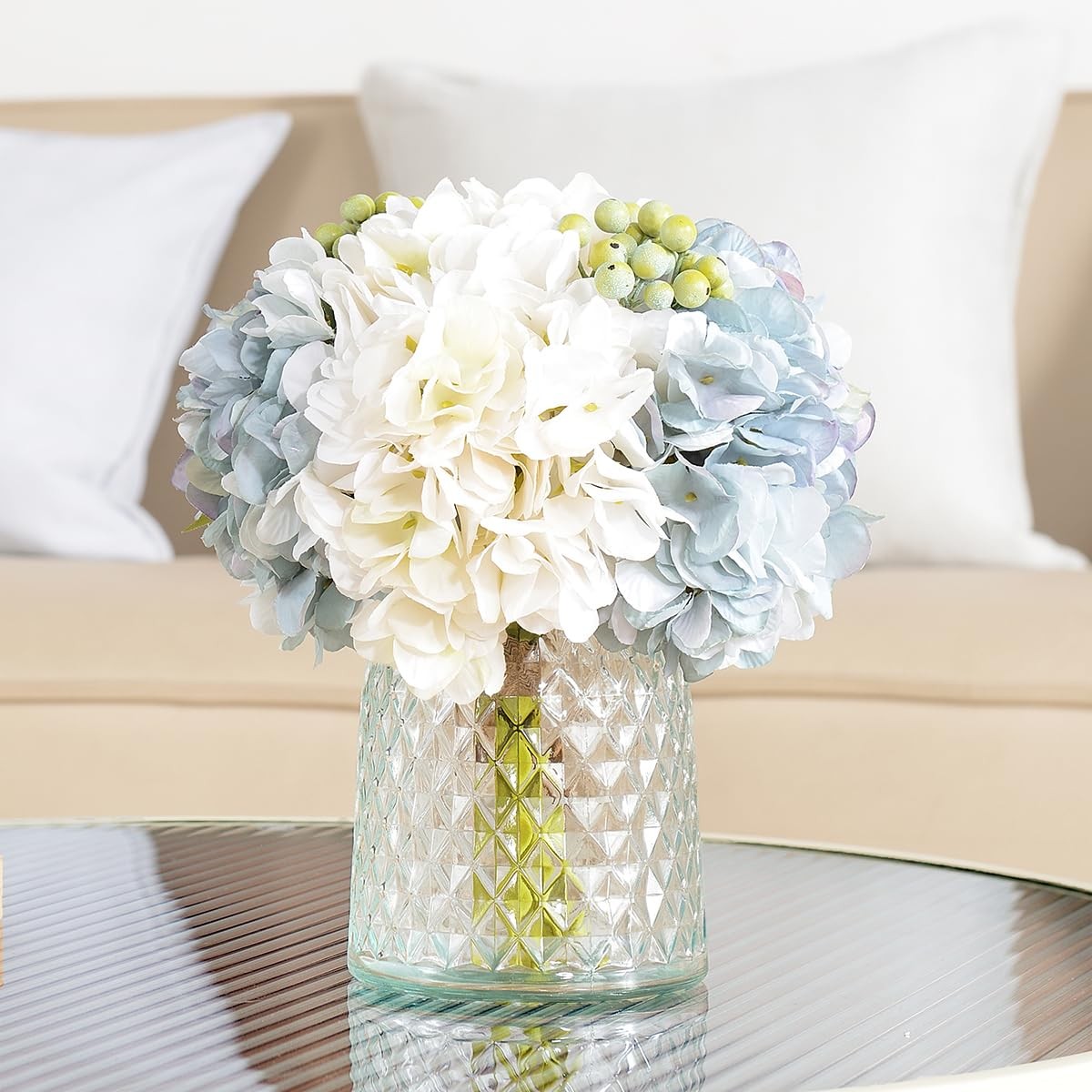 Hydrangeas Floral Arrangement in Glass Vase, Fake Flowers Silk Hydrangea Arti…