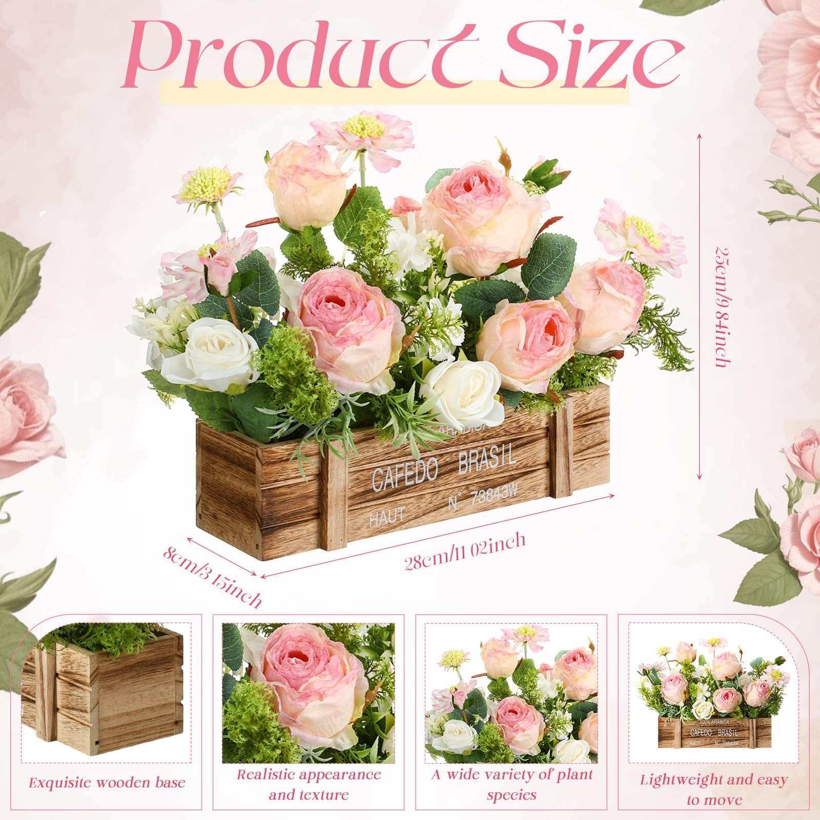 17.72 Inch Rustic Wood Tray Artificial Flowers Floral Table Centerpiece Decor